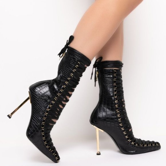 Dolls Kill Black Victorian Corset Fetish Stiletto Boots Size 7 - Picture 2 of 5